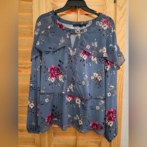 White House Black Market Blue Floral Ruffle Blouse